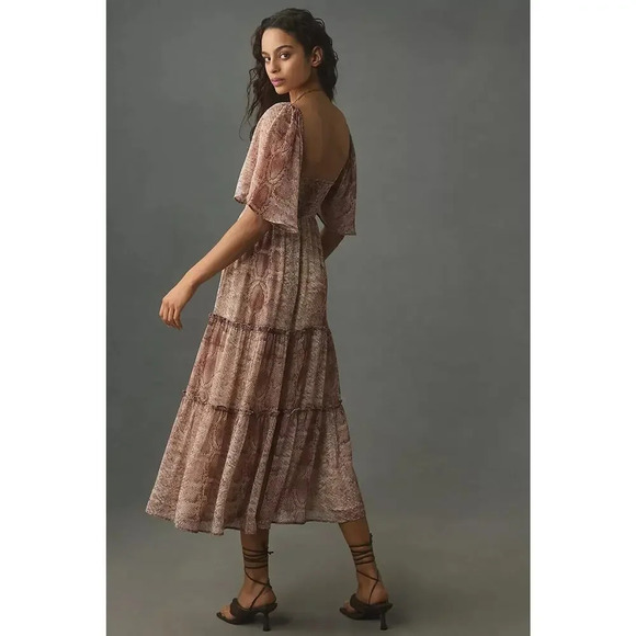 NWT By Anthropologie Short-Sleeve Tiered Midi Dress Size S Neutral 9B411 - Picture 3 of 12